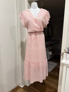 PrettyGarden Blush Pink Leopard Maxi Dress Women's Medium Faux Wrap